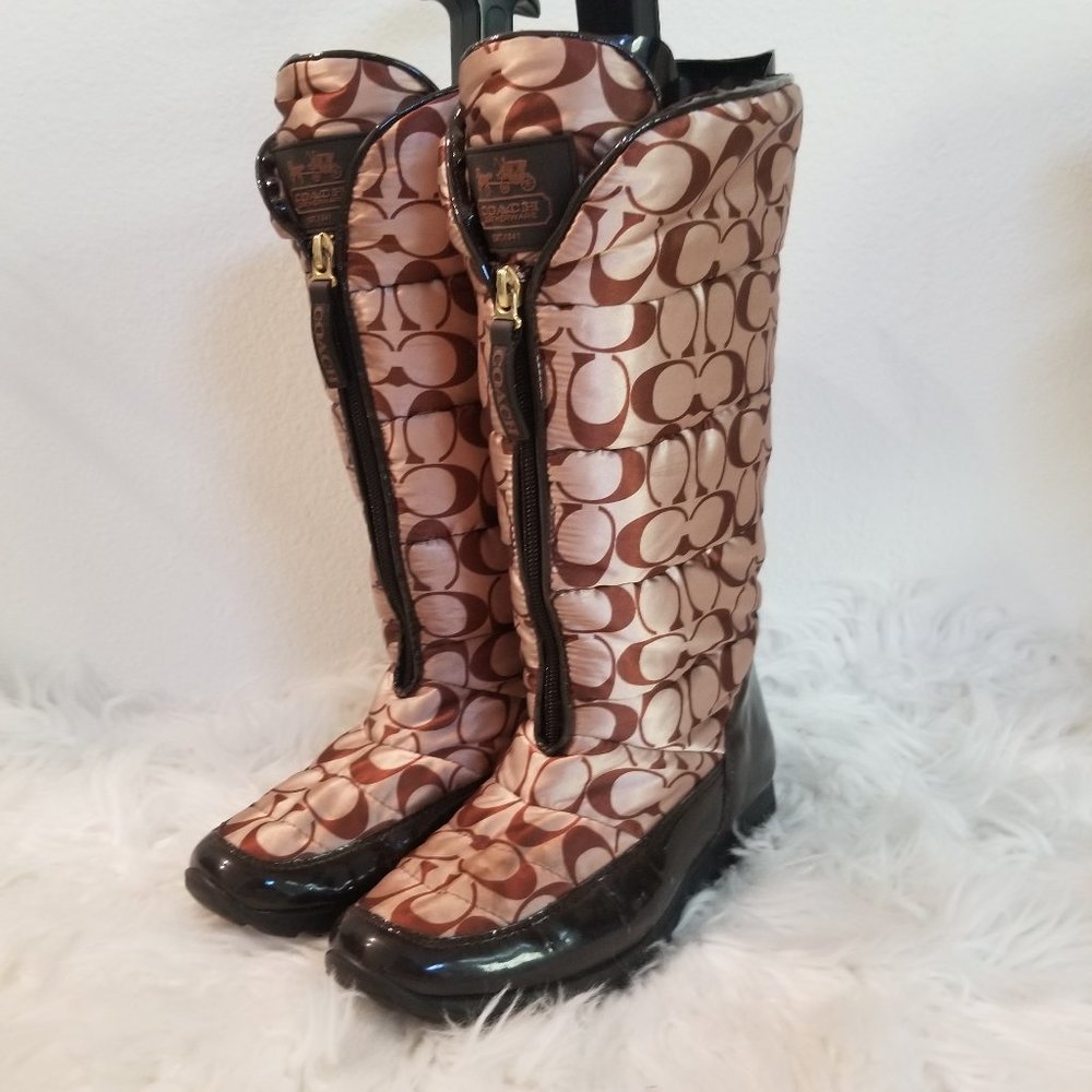 Coach Jolt Snow Boots Signature Brown & Cream Quilted Nylon Weatherproof 8 B - Picture 2 of 9